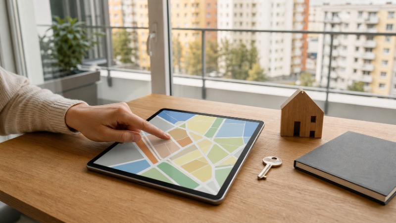 Ruka ukazuje na tablet s barevnou cenovou mapou, na stole vedle něj leží dřevěný model domu, klíč a zápisník, za oknem panelové domy