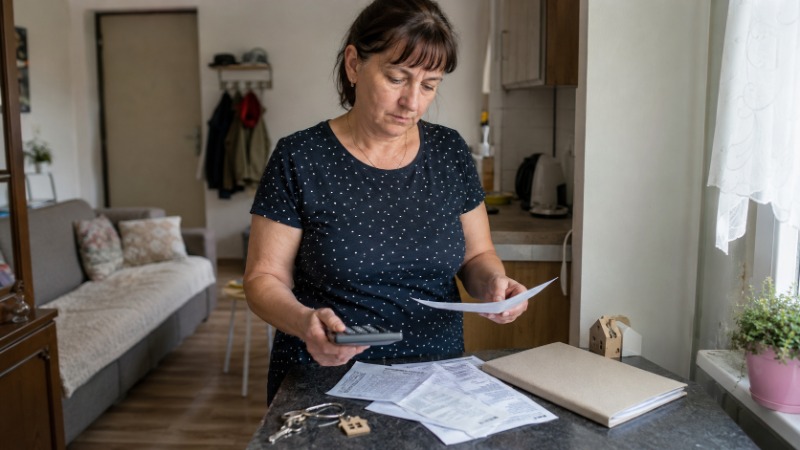 Starší žena si doma prohlíží dopis od úřadu práce týkající se dávek na bydlení