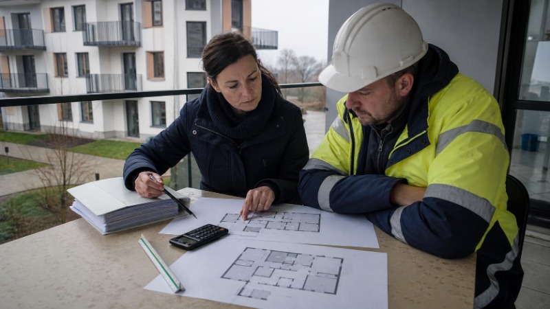 Rozestavěný bytový dům developera a v popředí složená kupní smlouva s vyznačenou cenou včetně DPH.