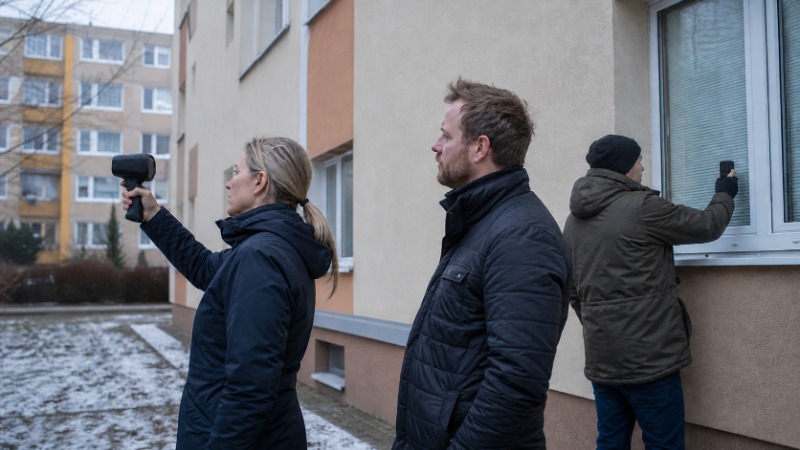 Prodávající ukazuje zájemci o byt průkaz energetické náročnosti budovy s barevnou stupnicí energetických tříd A až G.