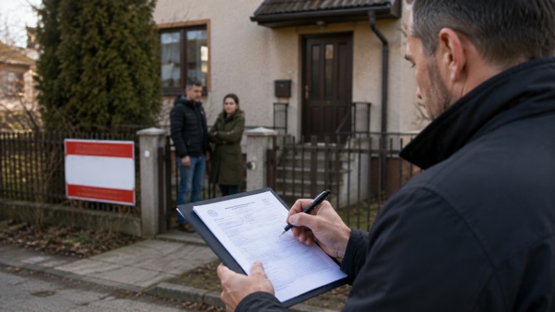 Exekutorská pečeť a klíče od bytu na stole vedle úředních dokumentů