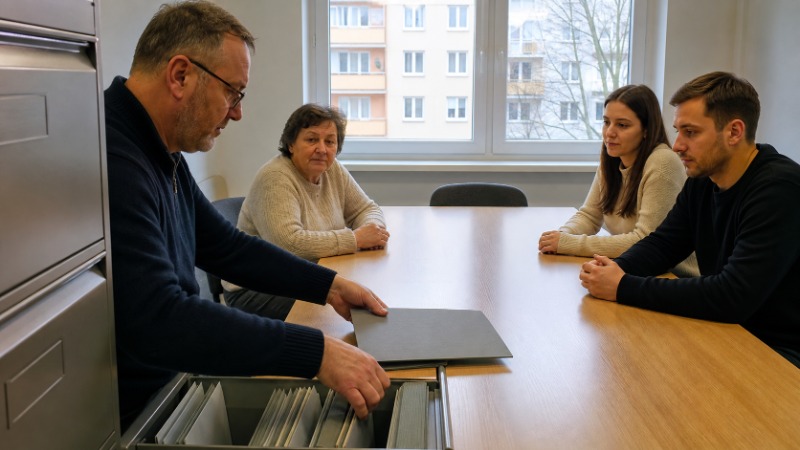 Prodávající předává v kanceláři bytového družstva smlouvu o převodu družstevního podílu, na stole leží stanovy družstva a klíče od bytu.