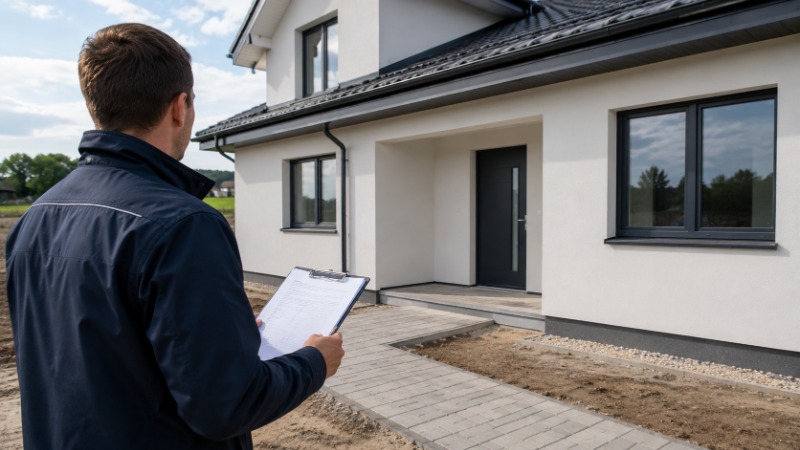 Stavební technik provádí závěrečnou kontrolu dokončeného rodinného domu
