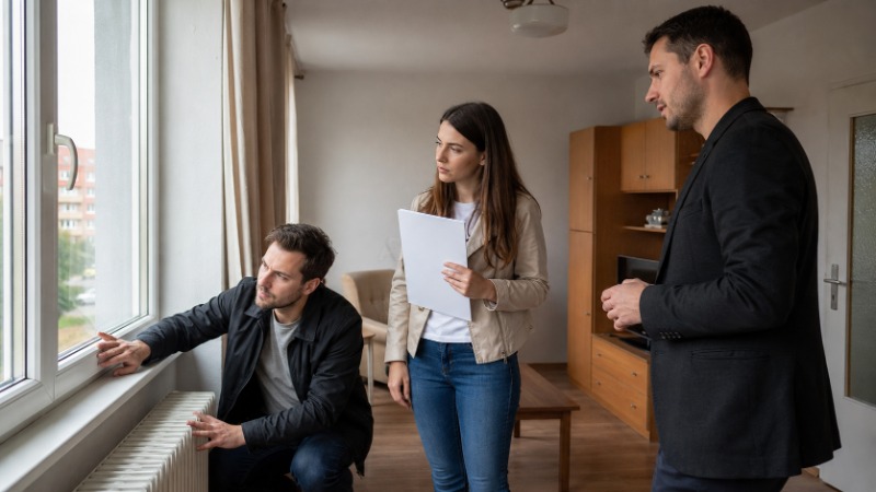 Zájemce o koupi bytu si při prohlídce prohlíží zeď a okna, v ruce drží složku s výpisem z katastru a dokumenty k bytu.