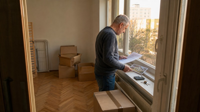 Žena doma vyplňuje formulář oznámení finančnímu úřadu vedle kupní smlouvy na byt a dokladů k prodeji nemovitosti.