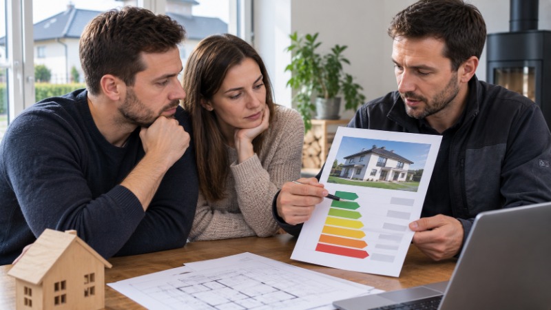 Energetický specialista ukazuje majitelce domu štítek energetické náročnosti budovy