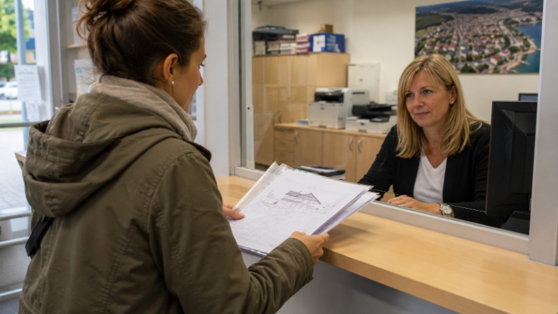 Stavebník předává dokumentaci úřednici na přepážce stavebního úřadu