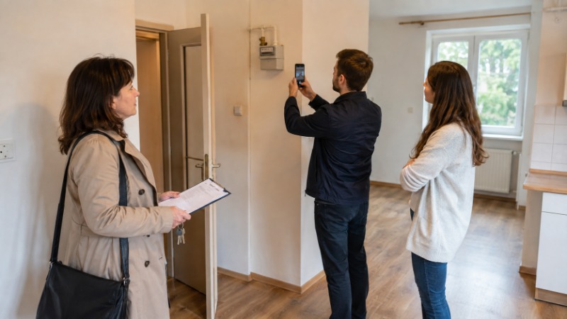 Pronajímatel a nájemce zapisují stav elektroměru do předávacího protokolu bytu