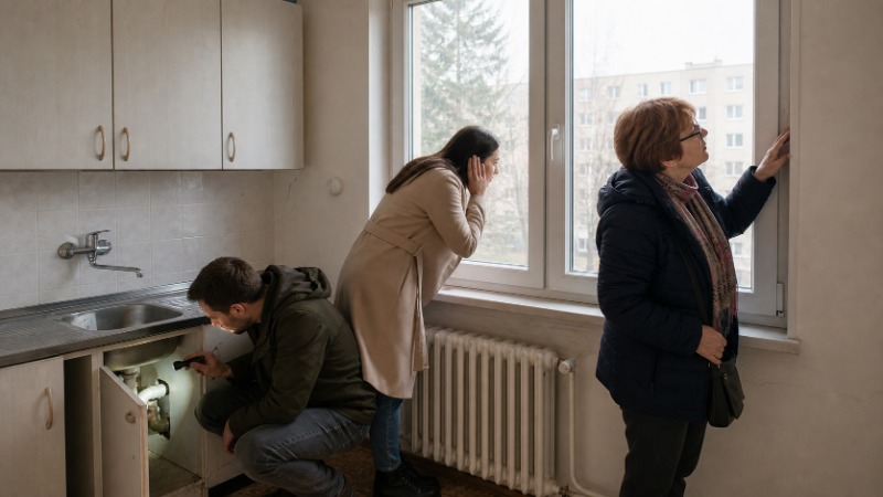 Zájemce o koupi bytu si na prohlídce prohlíží roh stěny pod oknem a zapisuje si poznámky do bloku, vedle něj leží složka s dokumenty.