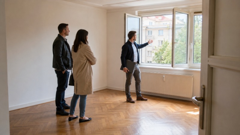 Realitní makléř ukazuje klientům byt při prohlídce nemovitosti