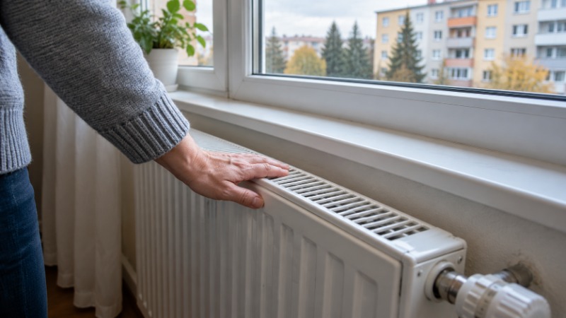 Ruka kontroluje teplotu radiátoru s termostatickou hlavicí pod oknem bytu, za oknem panelové domy