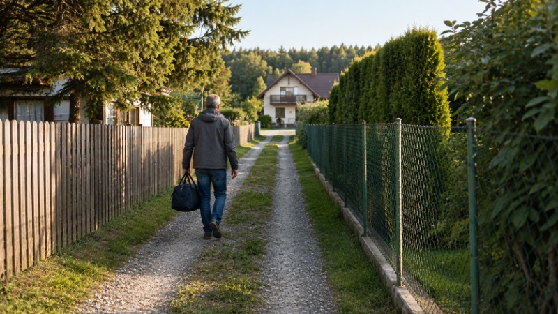 Úzká cesta přes soukromý pozemek vedoucí k rodinnému domu jako příklad práva chůze a jízdy