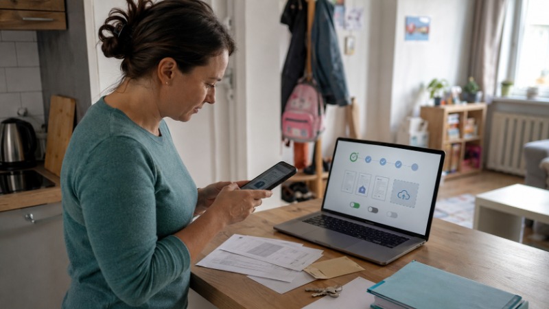 Žena vyplňuje elektronickou žádost o příspěvek na bydlení na notebooku